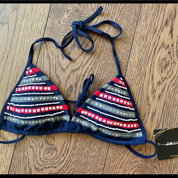 NWT BEACH JOY 2 Pc Navy, Red & White Beaded & Sequin String Bikini Set Sz Small - Picture 4 of 9
